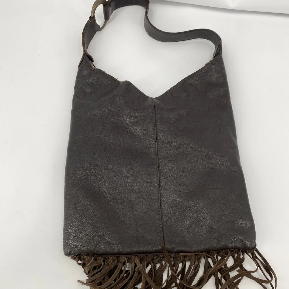 Lucky Brand Hobo Bag Womens OS Brown Suede Woven Fringe Leather Trim